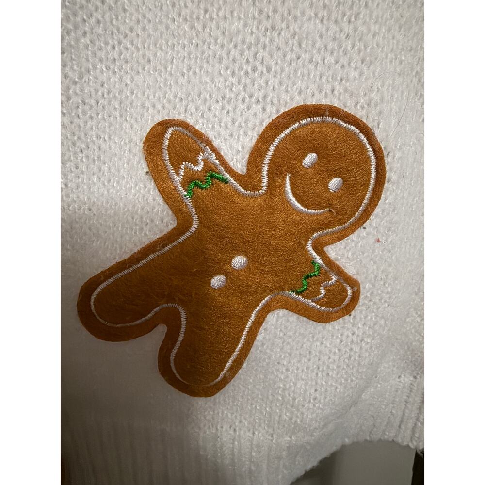 Women's white Long-Sleeve Cardigan Sweater with gingerbread men. - Picture 4 of 4